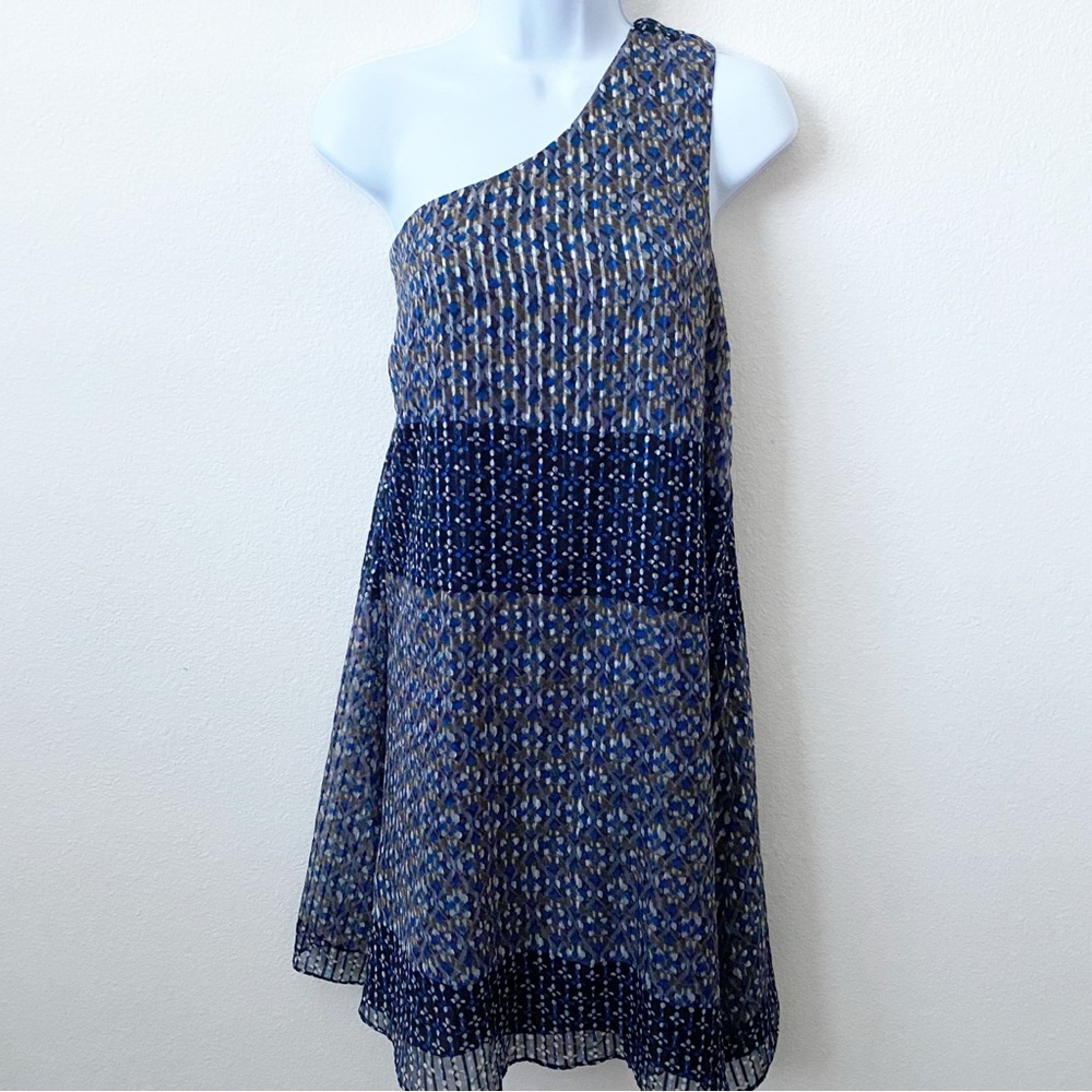 Anthropologie, Elowen Dress by HD IN PARIS, Blue Motif One Shoulder Shift